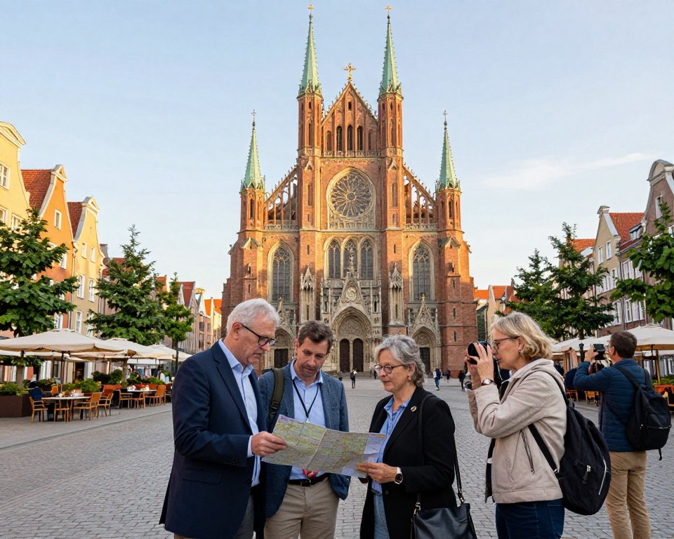 A serene scene depicting visitors preparing for a visit to the Basilica of St. Mary in Gdańsk. In the foreground, a diverse group of people in professional attire and modest casual clothing consults a map and takes photos, expressing excitement. The middle ground features the impressive entrance of the basilica, showcasing its intricate Gothic architecture with towering spires and ornate details, illuminated by soft, natural morning light. In the background, the bustling streets of Gdańsk can be seen, dotted with cafes, colorful buildings, and vibrant greenery, creating an atmosphere of cultural richness and anticipation. The scene embodies a warm, welcoming mood, perfect for engaging visitors as they embark on their journey to explore the architectural marvel. A serene scene depicting visitors preparing for a visit to the Basilica of St. Mary in Gdańsk. In the foreground, a diverse group of people in professional attire and modest casual clothing consults a map and takes photos, expressing excitement. The middle ground features the impressive entrance of the basilica, showcasing its intricate Gothic architecture with towering spires and ornate details, illuminated by soft, natural morning light. In the background, the bustling streets of Gdańsk can be seen, dotted with cafes, colorful buildings, and vibrant greenery, creating an atmosphere of cultural richness and anticipation. The scene embodies a warm, welcoming mood, perfect for engaging visitors as they embark on their journey to explore the architectural marvel.