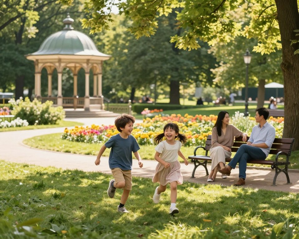 A serene scene in Park Oliwski featuring a family of four enjoying the outdoors. In the foreground, a playful scene with two children, a boy and a girl, laughing and running on the grassy area, dressed in comfortable, casual clothing. The parents, in modest attire, relax on a nearby bench, smiling and engaging with them. The middle ground showcases lush greenery, colorful flower beds, and winding pathways, while gentle sunlight filters through the leaves, casting dappled shadows on the ground. In the background, a picturesque view of a historic gazebo and beautiful trees adds depth. The atmosphere is warm and inviting, evoking joy and togetherness, perfect for family outings. The image is bright and vibrant, capturing the essence of a perfect day in the park. A serene scene in Park Oliwski featuring a family of four enjoying the outdoors. In the foreground, a playful scene with two children, a boy and a girl, laughing and running on the grassy area, dressed in comfortable, casual clothing. The parents, in modest attire, relax on a nearby bench, smiling and engaging with them. The middle ground showcases lush greenery, colorful flower beds, and winding pathways, while gentle sunlight filters through the leaves, casting dappled shadows on the ground. In the background, a picturesque view of a historic gazebo and beautiful trees adds depth. The atmosphere is warm and inviting, evoking joy and togetherness, perfect for family outings. The image is bright and vibrant, capturing the essence of a perfect day in the park.