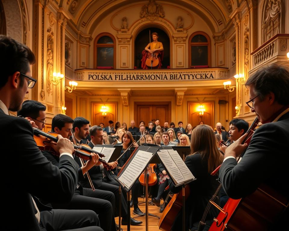 A serene scene inside the Polska Filharmonia Bałtycka, showcasing a vibrant concert. In the foreground, a diverse group of musicians dressed in formal concert attire passionately playing their instruments, such as violins and cellos. In the middle ground, a captivated audience is seated, immersed in the performance, with warm light illuminating their faces. The background features the elegant architecture of the concert hall, adorned with intricate details and soft, ambient lighting, creating an inviting atmosphere. The overall mood conveys the excitement and cultural richness of a concert season, with a focus on community and artistry. The image captures the essence of live music in a historic setting, emphasizing the celebration of sound and togetherness. A serene scene inside the Polska Filharmonia Bałtycka, showcasing a vibrant concert. In the foreground, a diverse group of musicians dressed in formal concert attire passionately playing their instruments, such as violins and cellos. In the middle ground, a captivated audience is seated, immersed in the performance, with warm light illuminating their faces. The background features the elegant architecture of the concert hall, adorned with intricate details and soft, ambient lighting, creating an inviting atmosphere. The overall mood conveys the excitement and cultural richness of a concert season, with a focus on community and artistry. The image captures the essence of live music in a historic setting, emphasizing the celebration of sound and togetherness.