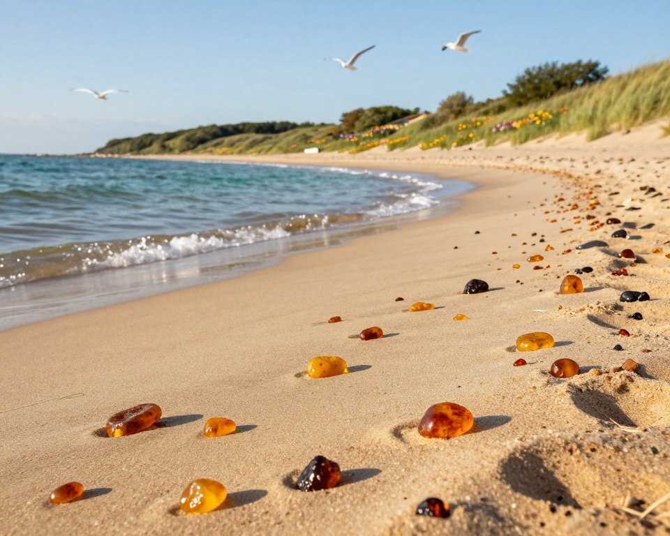 A serene scene of a beach in Gdańsk, focusing on a sandy shoreline sprinkled with pieces of amber glistening in the sunlight. In the foreground, the soft golden sands are dotted with various sizes of amber stones, some partially buried, with their warm hues shining brightly. In the middle ground, gentle waves lap at the shore, reflecting hues of blue and turquoise under a clear sky. A few seagulls can be seen soaring above, enhancing the coastal atmosphere. The background features lush green dunes dotted with beach grass and colorful wildflowers. The soft, warm light of a late afternoon sun creates a peaceful ambiance, inviting viewers to enjoy the beauty of collecting amber on this tranquil beach. A serene scene of a beach in Gdańsk, focusing on a sandy shoreline sprinkled with pieces of amber glistening in the sunlight. In the foreground, the soft golden sands are dotted with various sizes of amber stones, some partially buried, with their warm hues shining brightly. In the middle ground, gentle waves lap at the shore, reflecting hues of blue and turquoise under a clear sky. A few seagulls can be seen soaring above, enhancing the coastal atmosphere. The background features lush green dunes dotted with beach grass and colorful wildflowers. The soft, warm light of a late afternoon sun creates a peaceful ambiance, inviting viewers to enjoy the beauty of collecting amber on this tranquil beach.
