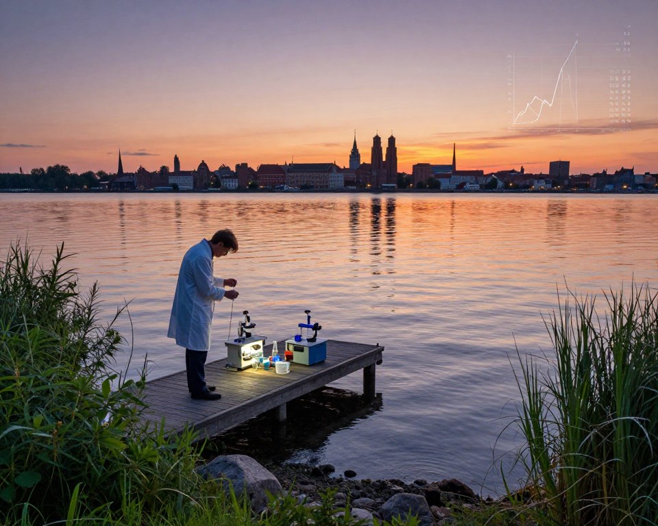 A serene scene of the Gdańsk Bay, showcasing a detailed analysis of water parameters. In the foreground, a research scientist in a professional business attire examines water samples with lab equipment on a small jetty. In the middle ground, calm waters reflect the colors of a sunset, with subtle ripples indicating gentle currents. Surrounding the jetty, nature thrives with lush green vegetation and a few scattered rocks. In the background, the iconic Gdańsk skyline emerges, silhouetted against a warm orange and purple sky. Soft ambient lighting casts a tranquil atmosphere, highlighting the clarity of the water, while data graphs and environmental metrics can be subtly depicted visually without being overt, ensuring a focus on research and analysis.