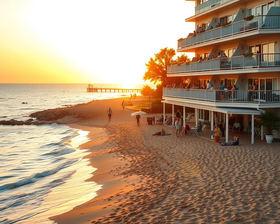 A serene seaside scene capturing the essence of accommodation prices by the beach in Brzeźno. In the foreground, a cozy, inviting hotel with elegant balconies faces the shore, showcasing a welcoming ambiance. Guests, dressed in casual summer attire, are seen enjoying the sunset on their balconies, with soft lights illuminating the spaces. In the middle ground, golden sand leads to calm, azure waves gently lapping at the shore, while a few beachgoers stroll along the water's edge. The background features a distant view of a pier and lush greenery. The atmosphere is warm and tranquil, bathed in the soft golden hues of the setting sun. The composition is shot at a slightly elevated angle, creating a picturesque and inviting postcard feel.