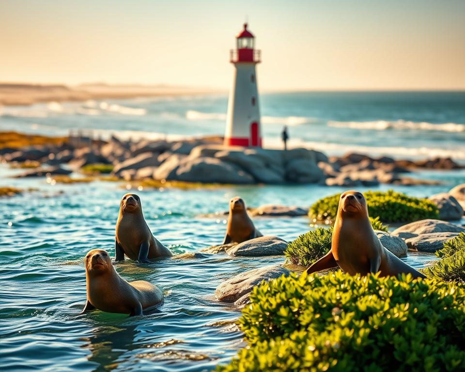 A serene summer scene at Fokarium Półwyspu Helskiego, showcasing playful seals in crystal-clear waters in the foreground, basking on rocks surrounded by lush green vegetation. In the middle ground, the iconic lighthouse stands tall, painted in bright white with red accents, casting a warm glow under the golden sun. The background features a soft focus of sandy beaches and gentle waves of the Baltic Sea, reflecting hints of turquoise and deep blue. The lighting is vibrant and sunny, creating a cheerful and inviting atmosphere. The angle is slightly elevated, capturing the picturesque landscape and the harmony between nature and the maritime setting. Ideal for illustrating the enchanting secrets of the sea. A serene summer scene at Fokarium Półwyspu Helskiego, showcasing playful seals in crystal-clear waters in the foreground, basking on rocks surrounded by lush green vegetation. In the middle ground, the iconic lighthouse stands tall, painted in bright white with red accents, casting a warm glow under the golden sun. The background features a soft focus of sandy beaches and gentle waves of the Baltic Sea, reflecting hints of turquoise and deep blue. The lighting is vibrant and sunny, creating a cheerful and inviting atmosphere. The angle is slightly elevated, capturing the picturesque landscape and the harmony between nature and the maritime setting. Ideal for illustrating the enchanting secrets of the sea.
