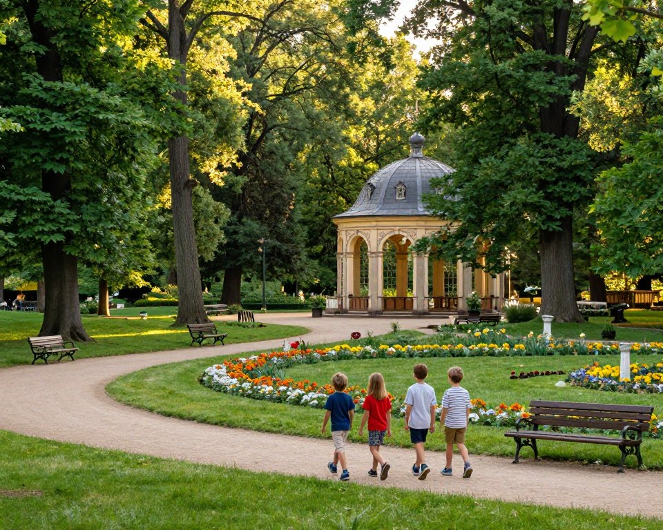 A serene view of Park Oliwski, featuring a lush, historic landscape filled with vibrant greenery. In the foreground, a small family of four with children, dressed in casual, modest clothing, enjoys a leisurely walk along a winding path. The middle ground showcases beautifully maintained flower beds, ancient trees, and elegant benches inviting relaxation. In the background, a charming historic pavilion with intricate architecture peeks through the foliage, bathed in soft, golden sunlight filtering through the leaves. The atmosphere is tranquil and inviting, with gentle shadows creating depth and warmth. The scene captures the essence of history and unique corners of the park, emphasizing its beauty and family-friendly environment. Soft, natural lighting enhances the colors and textures, making the image lively and engaging. A serene view of Park Oliwski, featuring a lush, historic landscape filled with vibrant greenery. In the foreground, a small family of four with children, dressed in casual, modest clothing, enjoys a leisurely walk along a winding path. The middle ground showcases beautifully maintained flower beds, ancient trees, and elegant benches inviting relaxation. In the background, a charming historic pavilion with intricate architecture peeks through the foliage, bathed in soft, golden sunlight filtering through the leaves. The atmosphere is tranquil and inviting, with gentle shadows creating depth and warmth. The scene captures the essence of history and unique corners of the park, emphasizing its beauty and family-friendly environment. Soft, natural lighting enhances the colors and textures, making the image lively and engaging.