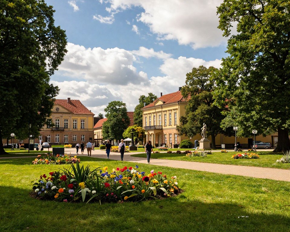 A serene view of Park Oliwski in Gdańsk on a sunny day. In the foreground, lush green grass dotted with colorful flowers, and a well-maintained pathway leading to the park's attractions. The middle ground features elegant historical buildings and charming garden sculptures, while visitors stroll along the paths, dressed in modest casual clothing, enjoying the park's beauty. The background showcases dense trees casting dappled sunlight, with a bright blue sky scattered with fluffy white clouds. The atmosphere is peaceful and inviting, evoking a sense of relaxation. The lighting is soft and warm, creating a welcoming ambiance. The image should be captured with a wide-angle lens, emphasizing the park's expansive beauty and tranquility. A serene view of Park Oliwski in Gdańsk on a sunny day. In the foreground, lush green grass dotted with colorful flowers, and a well-maintained pathway leading to the park's attractions. The middle ground features elegant historical buildings and charming garden sculptures, while visitors stroll along the paths, dressed in modest casual clothing, enjoying the park's beauty. The background showcases dense trees casting dappled sunlight, with a bright blue sky scattered with fluffy white clouds. The atmosphere is peaceful and inviting, evoking a sense of relaxation. The lighting is soft and warm, creating a welcoming ambiance. The image should be captured with a wide-angle lens, emphasizing the park's expansive beauty and tranquility.