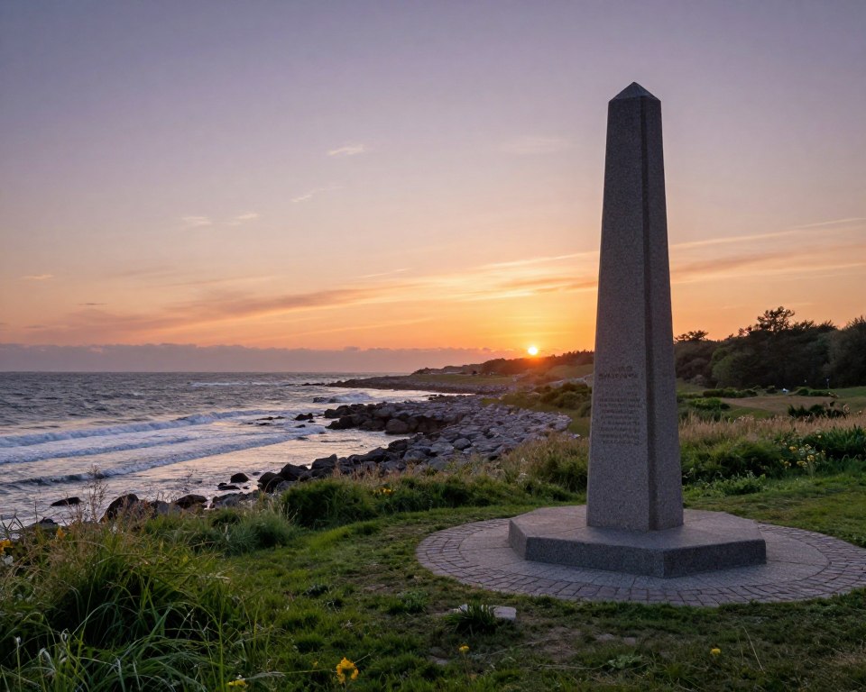 A serene view of Westerplatte, capturing its cultural significance, with the historic monument looming prominently in the foreground, representing resilience and remembrance. The middle ground features gentle waves lapping against the rugged coastline, interspersed with patches of lush green grass and wildflowers, symbolizing life amidst history. In the background, a soft sunset bathes the sky in warm oranges and purples, casting a golden glow on the landscape. Use a wide-angle lens to emphasize the expansive atmosphere, highlighting the juxtaposition of nature and history. The mood should be reflective and peaceful, inviting viewers to contemplate the rich cultural narrative of this significant site. The scene is devoid of any people, focusing solely on the tranquil beauty of Westerplatte. A serene view of Westerplatte, capturing its cultural significance, with the historic monument looming prominently in the foreground, representing resilience and remembrance. The middle ground features gentle waves lapping against the rugged coastline, interspersed with patches of lush green grass and wildflowers, symbolizing life amidst history. In the background, a soft sunset bathes the sky in warm oranges and purples, casting a golden glow on the landscape. Use a wide-angle lens to emphasize the expansive atmosphere, highlighting the juxtaposition of nature and history. The mood should be reflective and peaceful, inviting viewers to contemplate the rich cultural narrative of this significant site. The scene is devoid of any people, focusing solely on the tranquil beauty of Westerplatte.