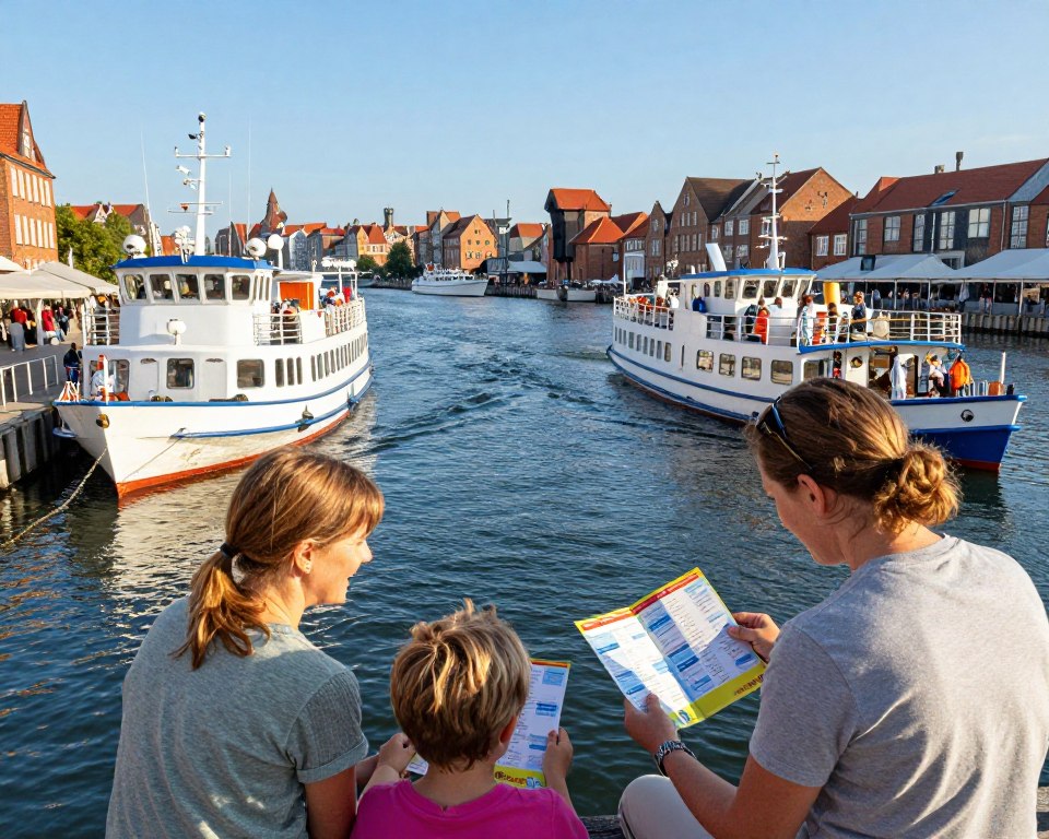 A serene view of a family-friendly harbor in Gdańsk, showcasing various boats and ferries ready for a journey to Westerplatte. In the foreground, a bright, cheerful family-parents and two children, all in casual, modest clothing-excitedly reviewing a colorful brochure detailing schedules and pricing for boat trips. The middle ground features vibrant boats gently bobbing on the water, with passengers boarding and disembarking. In the background, the picturesque Gdańsk skyline under a clear blue sky, bathed in warm sunlight, conveys a welcoming and adventurous atmosphere. The lens captures the scene at eye level for an immersive perspective, creating a sense of anticipation and joy for the boating experience.