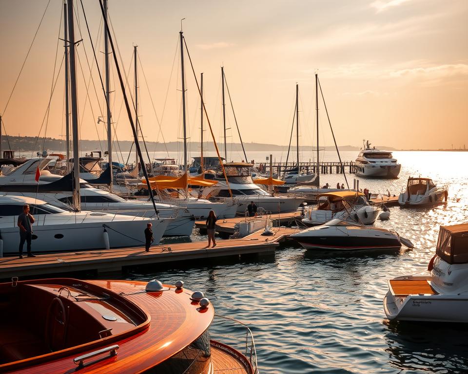A serene yacht marina in Sopot, Poland, featuring elegant sailboats and motor yachts docked along wooden piers. In the foreground, a polished wooden boat may be seen bobbing gently on the water, while a few people in modest casual clothing casually enjoy the scene. The middle ground showcases the bustling marina with small shops and cafes, vibrant umbrellas offering shade. In the background, the iconic Sopot pier extends into the shimmering Baltic Sea, bathed in golden late afternoon light. The sky is painted with warm hues of orange and pink, creating a tranquil atmosphere. Capture this scene from a slightly elevated angle to encompass the full vista, highlighting the harmony between the natural beauty of the waterfront and the lively marina activities. A serene yacht marina in Sopot, Poland, featuring elegant sailboats and motor yachts docked along wooden piers. In the foreground, a polished wooden boat may be seen bobbing gently on the water, while a few people in modest casual clothing casually enjoy the scene. The middle ground showcases the bustling marina with small shops and cafes, vibrant umbrellas offering shade. In the background, the iconic Sopot pier extends into the shimmering Baltic Sea, bathed in golden late afternoon light. The sky is painted with warm hues of orange and pink, creating a tranquil atmosphere. Capture this scene from a slightly elevated angle to encompass the full vista, highlighting the harmony between the natural beauty of the waterfront and the lively marina activities.