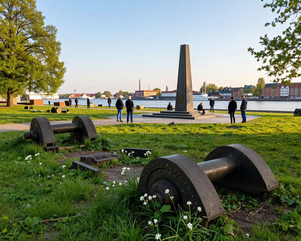 A serene yet reflective scene showcasing the transformations of Westerplatte after World War II. In the foreground, remnants of old military structures are being overtaken by nature, with vibrant green grass and blooming flowers symbolizing renewal. In the middle, a contemporary memorial stands proudly, surrounded by visitors dressed in modest casual clothing, engaging in quiet contemplation. The background features Gdańsk's harbor, with a clear blue sky above and the distant silhouettes of modern buildings, hinting at the area's revitalization. Soft, warm daylight bathes the scene in a peaceful atmosphere, capturing a sense of hope and reflection on the past. The composition is shot from a slightly elevated angle, highlighting the juxtaposition of history and progress. A serene yet reflective scene showcasing the transformations of Westerplatte after World War II. In the foreground, remnants of old military structures are being overtaken by nature, with vibrant green grass and blooming flowers symbolizing renewal. In the middle, a contemporary memorial stands proudly, surrounded by visitors dressed in modest casual clothing, engaging in quiet contemplation. The background features Gdańsk's harbor, with a clear blue sky above and the distant silhouettes of modern buildings, hinting at the area's revitalization. Soft, warm daylight bathes the scene in a peaceful atmosphere, capturing a sense of hope and reflection on the past. The composition is shot from a slightly elevated angle, highlighting the juxtaposition of history and progress.