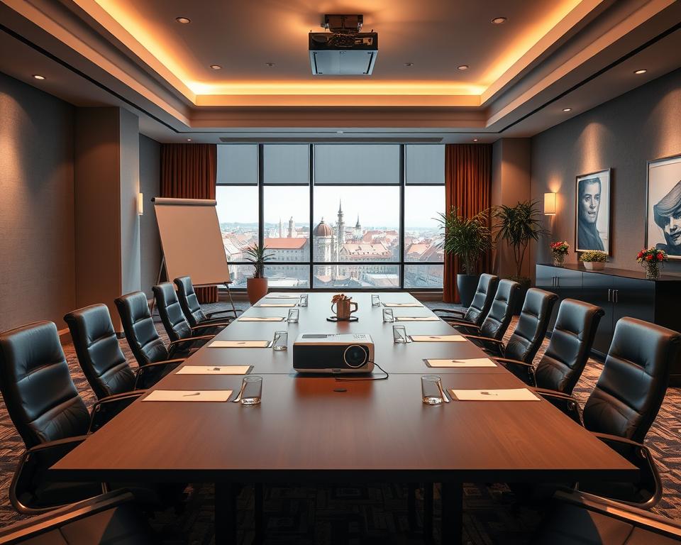 A spacious hotel conference room set up for a business meeting, showcasing a large rectangular table surrounded by elegant office chairs. In the foreground, a flip chart and a projector stand ready, illuminated by soft overhead lighting that creates a warm and inviting atmosphere. The middle ground features large windows with natural light streaming in, revealing a scenic view of Gdańsk's Old Town. In the background, tasteful décor includes potted plants and contemporary artwork on the walls, emphasizing a professional yet welcoming ambiance. Capture this scene from a slightly elevated angle to provide depth and perspective, evoking a sense of productivity and collaboration within a vibrant business environment.