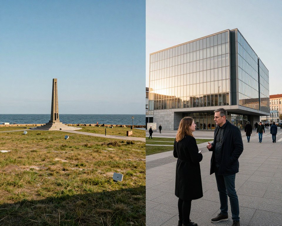 A split-image comparison of two historical sites: on the left, a panoramic view of Westerplatte with its grassy landscape, the iconic WWII monument, and calm waves of the Gdańsk Bay under a clear blue sky, showcasing a sense of solemnity and remembrance. On the right, the Museum of the Second World War, an architecturally striking building with modern design, glass facades reflecting the sunlight, surrounded by urban elements and visitors exploring the exhibits. The foreground features a couple in smart casual attire, thoughtfully discussing the merits of each site. The middle ground highlights the contrasting themes of nature versus modernity. Soft, warm lighting creates an inviting atmosphere, evoking curiosity and reflection on Poland’s wartime history. Ideal angle captures both sites harmoniously in one frame. A split-image comparison of two historical sites: on the left, a panoramic view of Westerplatte with its grassy landscape, the iconic WWII monument, and calm waves of the Gdańsk Bay under a clear blue sky, showcasing a sense of solemnity and remembrance. On the right, the Museum of the Second World War, an architecturally striking building with modern design, glass facades reflecting the sunlight, surrounded by urban elements and visitors exploring the exhibits. The foreground features a couple in smart casual attire, thoughtfully discussing the merits of each site. The middle ground highlights the contrasting themes of nature versus modernity. Soft, warm lighting creates an inviting atmosphere, evoking curiosity and reflection on Poland’s wartime history. Ideal angle captures both sites harmoniously in one frame.