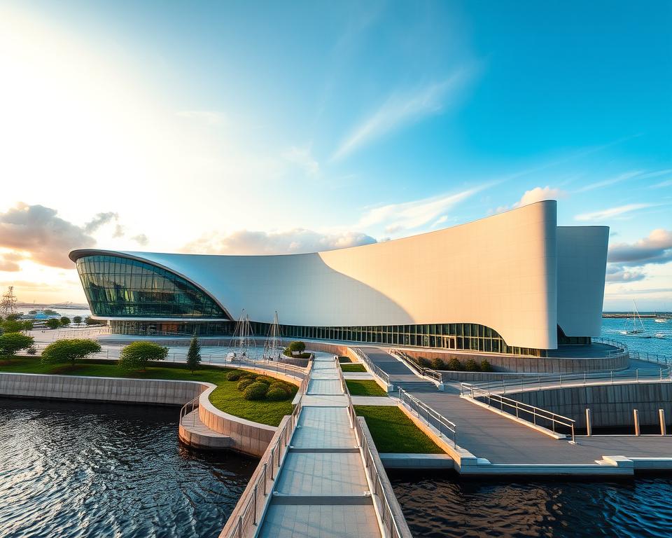 A striking image of the "Muzeum Marynarki Wojennej w Gdyni", showcasing its modern architecture against the backdrop of the waterfront. In the foreground, focus on the museum's unique facade featuring large glass panels and subtle curves that reflect the surrounding water. In the middle ground, the museum is complemented by lush greenery and sleek walkways, inviting visitors. The background reveals a picturesque sky during golden hour, casting warm light on the building. Capture an expansive view with a wide-angle lens to emphasize the museum’s grandeur and its location by the sea. The atmosphere is serene and inviting, evoking a sense of exploration and maritime history. A striking image of the "Muzeum Marynarki Wojennej w Gdyni", showcasing its modern architecture against the backdrop of the waterfront. In the foreground, focus on the museum's unique facade featuring large glass panels and subtle curves that reflect the surrounding water. In the middle ground, the museum is complemented by lush greenery and sleek walkways, inviting visitors. The background reveals a picturesque sky during golden hour, casting warm light on the building. Capture an expansive view with a wide-angle lens to emphasize the museum’s grandeur and its location by the sea. The atmosphere is serene and inviting, evoking a sense of exploration and maritime history.
