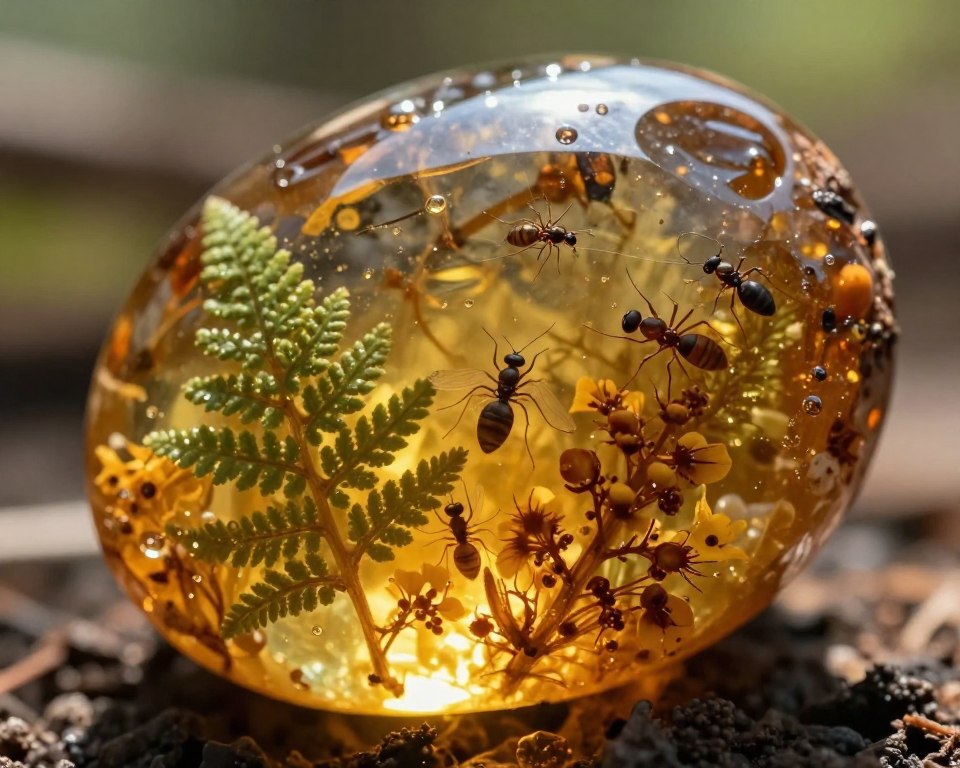 A stunning close-up of amber inclusions featuring ancient insects and plants trapped within, showcasing richly detailed textures of the amber. In the foreground, focus on the transparent amber piece, capturing intricacies like air bubbles and the delicate forms of insects such as mosquitoes and ants, alongside fern fronds and tiny flowers. The middle ground displays a warm, golden light filtering through the amber, highlighting its organic beauty. The background should be blurred with hints of a natural setting, creating a sense of richness and history. Use soft, natural lighting to evoke a sense of wonder and mystery, as if revealing secrets of millions of years. The overall mood should be reflective and captivating, encouraging curiosity about the past. A stunning close-up of amber inclusions featuring ancient insects and plants trapped within, showcasing richly detailed textures of the amber. In the foreground, focus on the transparent amber piece, capturing intricacies like air bubbles and the delicate forms of insects such as mosquitoes and ants, alongside fern fronds and tiny flowers. The middle ground displays a warm, golden light filtering through the amber, highlighting its organic beauty. The background should be blurred with hints of a natural setting, creating a sense of richness and history. Use soft, natural lighting to evoke a sense of wonder and mystery, as if revealing secrets of millions of years. The overall mood should be reflective and captivating, encouraging curiosity about the past.