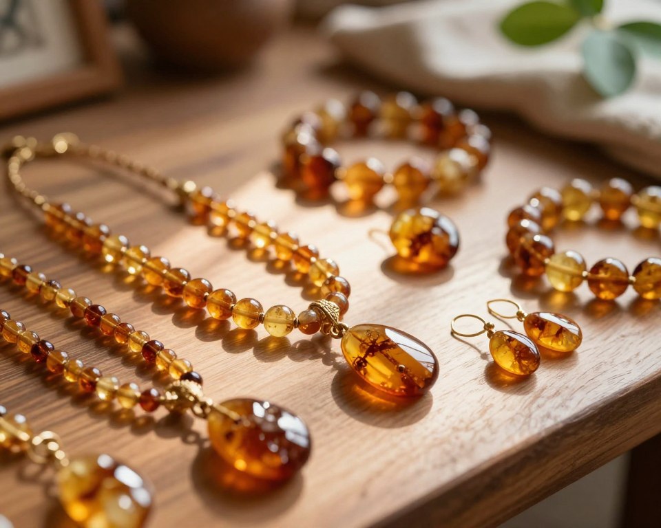 A stunning display of amber jewelry showcased on a polished wooden surface, highlighting various pieces such as necklaces, bracelets, and earrings crafted from genuine amber. The foreground features intricate designs with glowing warm tones of amber against a soft, natural light. In the middle ground, gently blurred gemstones reflect hints of sunlight, creating a sense of depth. The background includes subtle hints of natural elements like soft green leaves and cozy fabric, enhancing the organic feel of the scene. The lighting is warm and inviting, suggesting a serene atmosphere. Capture the essence of authentic amber and its allure, ensuring a focus on authenticity and craftsmanship. A stunning display of amber jewelry showcased on a polished wooden surface, highlighting various pieces such as necklaces, bracelets, and earrings crafted from genuine amber. The foreground features intricate designs with glowing warm tones of amber against a soft, natural light. In the middle ground, gently blurred gemstones reflect hints of sunlight, creating a sense of depth. The background includes subtle hints of natural elements like soft green leaves and cozy fabric, enhancing the organic feel of the scene. The lighting is warm and inviting, suggesting a serene atmosphere. Capture the essence of authentic amber and its allure, ensuring a focus on authenticity and craftsmanship.