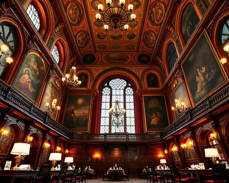 A stunning interior view of Dwór Artusa in Gdańsk, showcasing its opulent architecture. In the foreground, intricately carved wooden furniture and ornate table settings reflect the elegance of the era. The middle ground features the magnificent high vaulted ceilings adorned with detailed frescoes and elaborate chandeliers casting a warm, inviting glow. Rich tapestries hang on the walls, depicting historical scenes and adding depth to the ambiance. In the background, large stained-glass windows filter soft natural light, illuminating the elegant decor. The color palette comprises deep reds and golds, enhancing the luxurious mood. Capture this scene from a low angle to emphasize the height of the architecture and create a sense of grandeur, evoking a feeling of historic civic pride in a bustling cultural hub. A stunning interior view of Dwór Artusa in Gdańsk, showcasing its opulent architecture. In the foreground, intricately carved wooden furniture and ornate table settings reflect the elegance of the era. The middle ground features the magnificent high vaulted ceilings adorned with detailed frescoes and elaborate chandeliers casting a warm, inviting glow. Rich tapestries hang on the walls, depicting historical scenes and adding depth to the ambiance. In the background, large stained-glass windows filter soft natural light, illuminating the elegant decor. The color palette comprises deep reds and golds, enhancing the luxurious mood. Capture this scene from a low angle to emphasize the height of the architecture and create a sense of grandeur, evoking a feeling of historic civic pride in a bustling cultural hub.