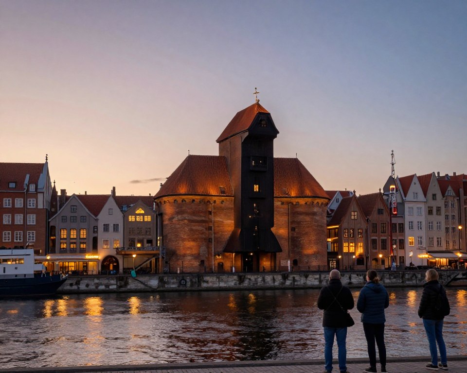 A stunning view of the iconic Gdańsk Crane (Żuraw) by the Motława River, showcasing its grandeur at twilight. In the foreground, reflections of the crane shimmer on the water's surface, while a few tourists in modest casual clothing examine its features, capturing the spirit of visiting this historic landmark. In the middle, the crane stands tall with intricate wooden and brick details, framed by charming waterfront buildings. The background reveals a soft, dusky sky transitioning from warm oranges to deep blues, providing a tranquil atmosphere. The scene is illuminated by gentle, ambient lighting, evoking a sense of wonder and exploration. Use a wide-angle lens to capture the entire scene, emphasizing the historic architecture and the picturesque setting.