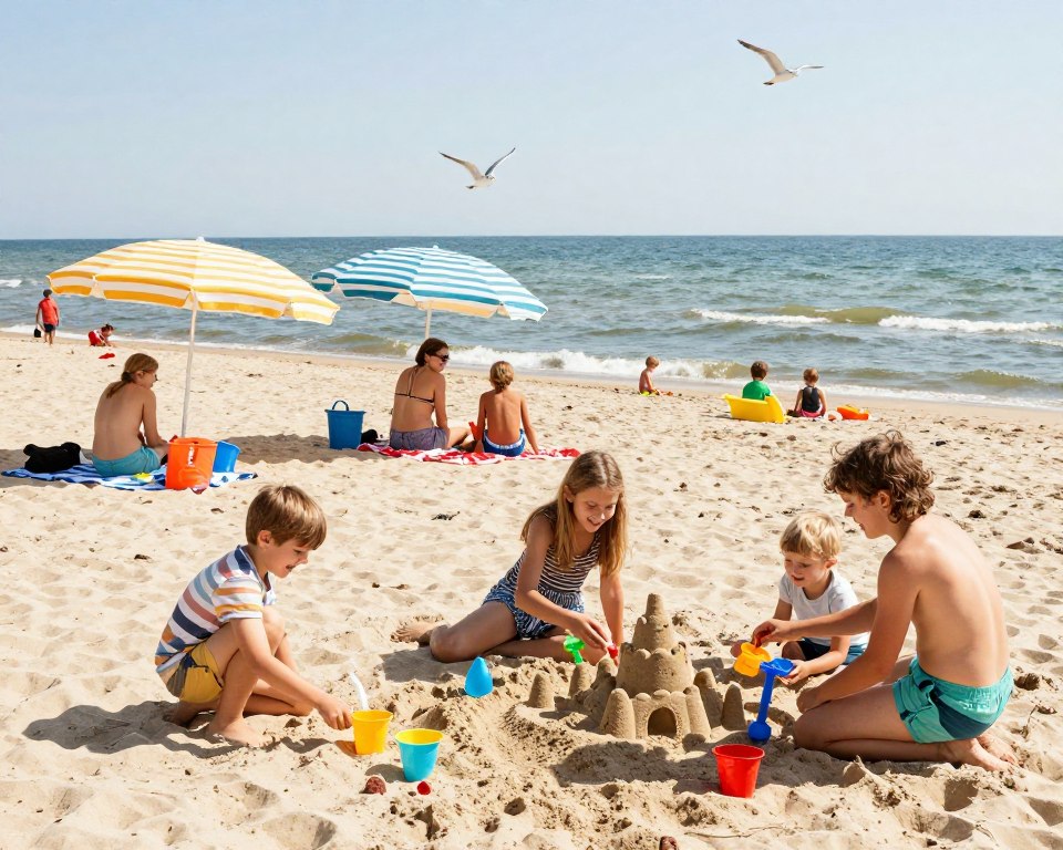 A sunny day at Jelitkowo Beach in Gdańsk, depicting families with children enjoying their time by the sea. In the foreground, a diverse family plays with colorful beach toys, building a sandcastle and laughing together. In the middle, beach towels and umbrellas create a lively scene with parents relaxing nearby, keeping an eye on their kids. In the background, the calm waves lap at the shore, and a few seagulls fly overhead, capturing the essence of a cheerful seaside setting. The lighting is bright and warm, suggesting a pleasant summer day, with soft shadows creating a depth that enhances the joyful atmosphere. Use a wide-angle lens perspective to capture the entire scene, evoking a sense of fun and family bonding. A sunny day at Jelitkowo Beach in Gdańsk, depicting families with children enjoying their time by the sea. In the foreground, a diverse family plays with colorful beach toys, building a sandcastle and laughing together. In the middle, beach towels and umbrellas create a lively scene with parents relaxing nearby, keeping an eye on their kids. In the background, the calm waves lap at the shore, and a few seagulls fly overhead, capturing the essence of a cheerful seaside setting. The lighting is bright and warm, suggesting a pleasant summer day, with soft shadows creating a depth that enhances the joyful atmosphere. Use a wide-angle lens perspective to capture the entire scene, evoking a sense of fun and family bonding.