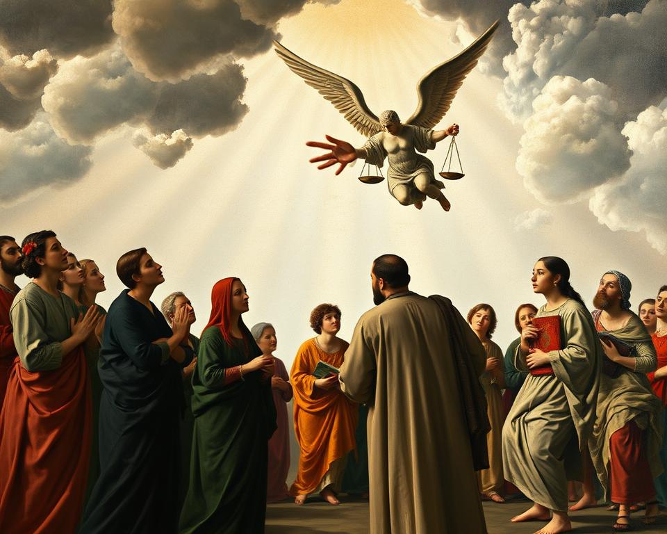 A surreal interpretation of "The Last Judgment" by Hans Memling, focusing on its artistic significance and contemporary interpretations. In the foreground, a detailed and vibrant depiction of stylized figures, dressed in elegant, modest attire, expressing various emotions such as wonder and contemplation. The middle layer showcases a harmonious blend of iconic elements from the painting, like the angel and judgment scales, intertwined with modernity represented by abstract shapes and colors. The background features a soft, ethereal light emanating from a cloudy sky, creating a dreamlike atmosphere, with rays breaking through to illuminate the scene. The perspective is slightly elevated, allowing viewers to appreciate the intricate details, while the overall mood conveys a sense of reverence and introspection, inviting reflection on the piece's significance in today's context.