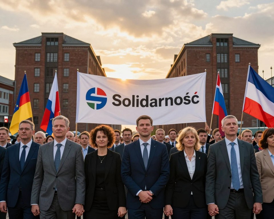 A symbolic representation of international solidarity during the August 1980 strikes in Gdańsk. In the foreground, a diverse group of factory workers, dressed in professional business attire, hold hands, their faces showing determination and hope. In the middle ground, a large banner with the symbol of "Solidarność" waves, flanked by people holding flags from various countries, symbolizing support. The background features the iconic Gdańsk Shipyard, with a golden sunset casting warm light, creating an atmosphere of unity and resilience. A low-angle view captures the collaboration and spirit of solidarity, highlighting the importance of international support. The overall mood is hopeful and inspiring, conveying a strong sense of collective action. A symbolic representation of international solidarity during the August 1980 strikes in Gdańsk. In the foreground, a diverse group of factory workers, dressed in professional business attire, hold hands, their faces showing determination and hope. In the middle ground, a large banner with the symbol of "Solidarność" waves, flanked by people holding flags from various countries, symbolizing support. The background features the iconic Gdańsk Shipyard, with a golden sunset casting warm light, creating an atmosphere of unity and resilience. A low-angle view captures the collaboration and spirit of solidarity, highlighting the importance of international support. The overall mood is hopeful and inspiring, conveying a strong sense of collective action.