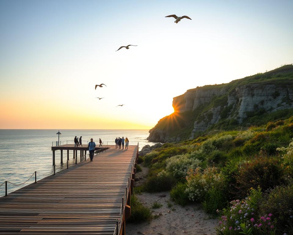 A tranquil scene of the Orłowo pier and the striking Orłowski Cliff in Gdynia, Poland. In the foreground, the wooden pier stretches gracefully into the calm sea, with a few visitors walking along its length, dressed in casual attire. The middle ground showcases the lush greenery of the cliffs, dotted with wildflowers and shrubs, while seagulls soar overhead, adding life to the scene. In the background, the vast, serene Baltic Sea meets the horizon under a soft, golden sunset that casts a warm glow on the landscape. The image captures a tranquil and inviting atmosphere, emphasizing the natural beauty of this coastal area. The composition should use a wide-angle lens to encompass both the pier and the cliffs, highlighting their majestic presence against the sky. A tranquil scene of the Orłowo pier and the striking Orłowski Cliff in Gdynia, Poland. In the foreground, the wooden pier stretches gracefully into the calm sea, with a few visitors walking along its length, dressed in casual attire. The middle ground showcases the lush greenery of the cliffs, dotted with wildflowers and shrubs, while seagulls soar overhead, adding life to the scene. In the background, the vast, serene Baltic Sea meets the horizon under a soft, golden sunset that casts a warm glow on the landscape. The image captures a tranquil and inviting atmosphere, emphasizing the natural beauty of this coastal area. The composition should use a wide-angle lens to encompass both the pier and the cliffs, highlighting their majestic presence against the sky.