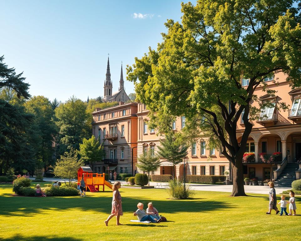 A tranquil scene showcasing the neighborhoods of Oliwa and Wrzeszcz in Gdańsk, Poland. In the foreground, include a beautiful park with lush greenery, children's play areas, and families enjoying a peaceful day together. In the middle ground, depict charming residential buildings with classic architecture, featuring warm colors and flower-filled balconies. The background should show the iconic Oliwa Cathedral peeking through the trees under a bright blue sky. Soft, natural lighting illuminates the scene, creating a calm atmosphere. Use a wide-angle lens perspective to capture the depth of the neighborhood and invite viewers into this serene environment, ideal for families and those seeking a quiet getaway. The overall mood should evoke comfort and relaxation. A tranquil scene showcasing the neighborhoods of Oliwa and Wrzeszcz in Gdańsk, Poland. In the foreground, include a beautiful park with lush greenery, children's play areas, and families enjoying a peaceful day together. In the middle ground, depict charming residential buildings with classic architecture, featuring warm colors and flower-filled balconies. The background should show the iconic Oliwa Cathedral peeking through the trees under a bright blue sky. Soft, natural lighting illuminates the scene, creating a calm atmosphere. Use a wide-angle lens perspective to capture the depth of the neighborhood and invite viewers into this serene environment, ideal for families and those seeking a quiet getaway. The overall mood should evoke comfort and relaxation.