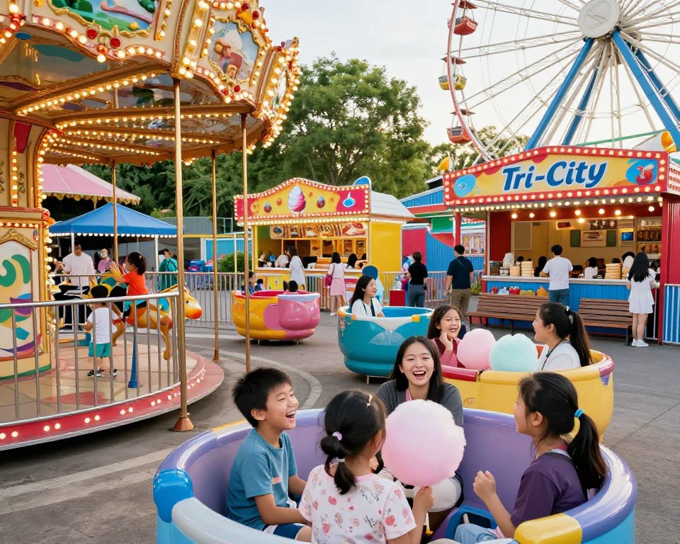 A vibrant amusement park scene in the Tri-City, bustling with families enjoying a day of fun and attractions. In the foreground, children of diverse backgrounds are laughing and playing in colorful rides, including a carousel and a Ferris wheel. Parents can be seen interacting happily, sharing cotton candy and taking photos. In the middle ground, playful game booths and food stalls offer ice cream and snacks under cheerful banners and bright lights. In the background, lush greenery and blue skies create an inviting atmosphere, with people strolling along pathways lined with benches. Soft, warm lighting captures the joy and excitement of the day, evoking a feeling of togetherness and family-friendly fun.