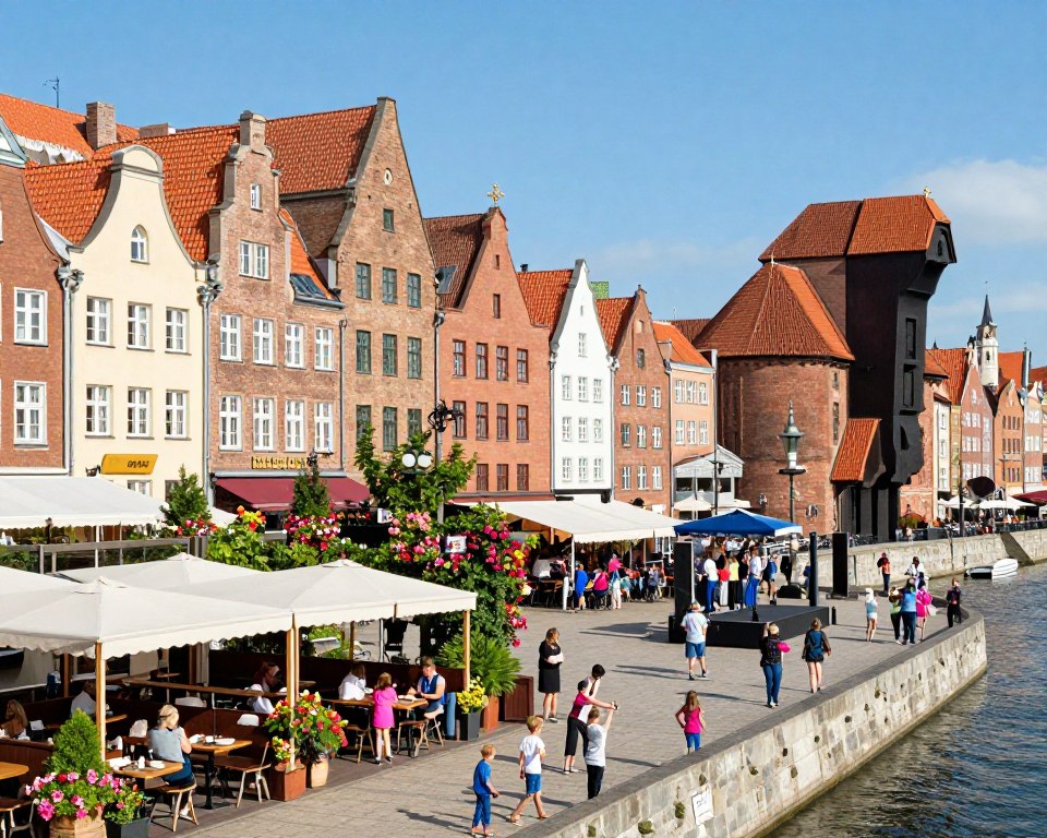 A vibrant and bustling scene on Spichrzów Island in Gdańsk, showcasing a variety of tourist attractions and leisure activities. In the foreground, families enjoy a sunny day by the waterfront, with children playing and adults strolling near picturesque cafés and artisan shops. The middle ground features beautifully restored historical buildings, interspersed with colorful flowers and greenery, while locals engage in vibrant outdoor events and performances. In the background, a scenic view of the old Gdańsk skyline, with its iconic architecture, under a clear blue sky. The image is illuminated by warm, natural sunlight, creating a cheerful ambiance, captured with a wide-angle lens to emphasize the lively atmosphere.