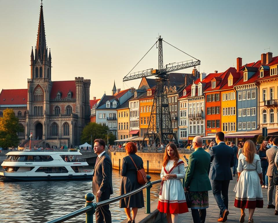 A vibrant and detailed depiction of Gdańsk's rich history and culture, featuring the iconic gothic architecture of St. Mary's Church and the historic Gdańsk Crane on the Motława River in the foreground. In the middle, include people in professional business attire and modest casual clothing enjoying the atmospheric waterfront, with traditional Polish elements like amber jewelry and folk costumes subtly integrated into the scene. The background should showcase colorful medieval buildings and the bustling Długa Street, all under a warm, golden hour light that casts long shadows and enhances the old-world charm. Capture the sense of nostalgia and culture, creating a harmonious blend of history and modern life in Gdańsk. A vibrant and detailed depiction of Gdańsk's rich history and culture, featuring the iconic gothic architecture of St. Mary's Church and the historic Gdańsk Crane on the Motława River in the foreground. In the middle, include people in professional business attire and modest casual clothing enjoying the atmospheric waterfront, with traditional Polish elements like amber jewelry and folk costumes subtly integrated into the scene. The background should showcase colorful medieval buildings and the bustling Długa Street, all under a warm, golden hour light that casts long shadows and enhances the old-world charm. Capture the sense of nostalgia and culture, creating a harmonious blend of history and modern life in Gdańsk.