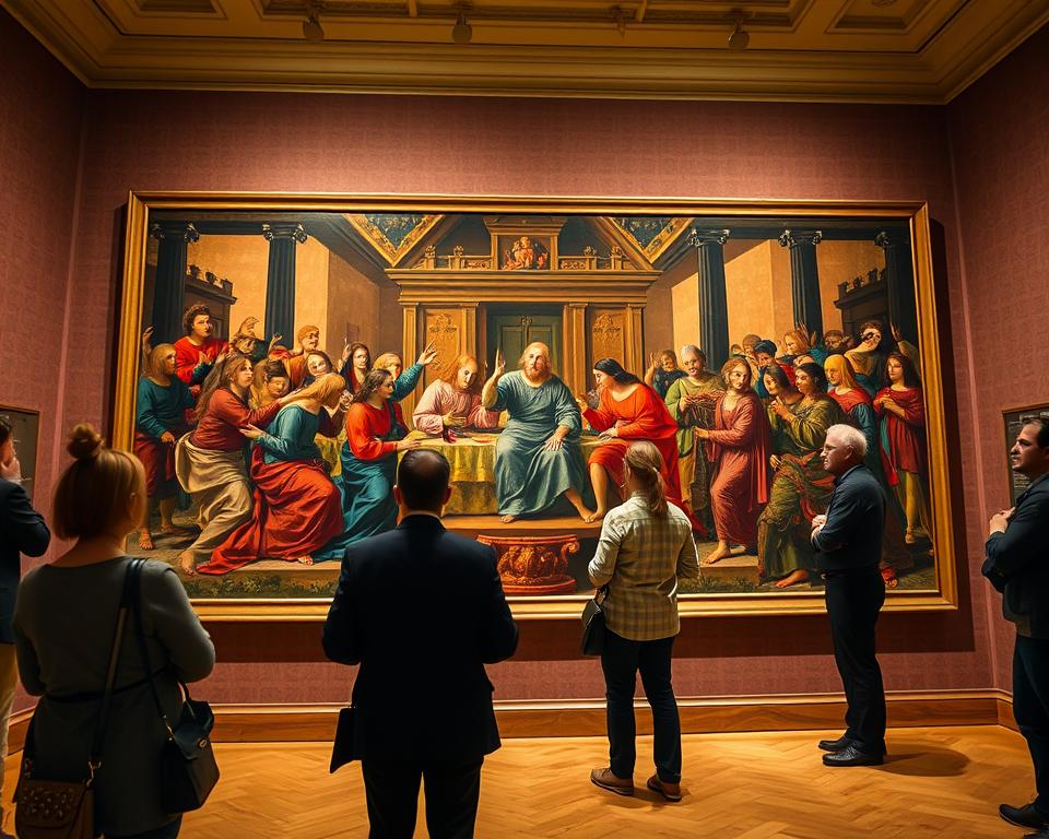 A vibrant and detailed depiction of "The Last Judgment" by Hans Memling, housed in the Gdańsk National Museum. In the foreground, showcase the intricate details of the panel painting, focusing on the vivid expressions and the dynamic poses of the figures, all rendered in rich colors. In the middle ground, include the museum's elegant architecture with soft lighting highlighting the artwork, while visitors admire the painting, dressed in professional attire, evoking a sense of reverence and curiosity. The background should feature a softly lit gallery space with artful shadows and textured walls, providing a serene atmosphere. Use warm lighting to enhance the ambiance, positioning the viewpoint at eye level for an immersive experience.