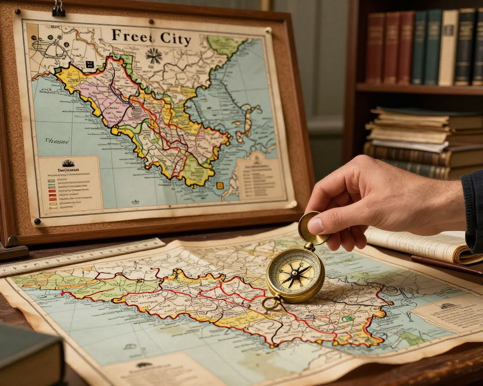 A vibrant and detailed illustration of historical maps and territory demarcation related to the Free City of Gdansk. In the foreground, a hand holding an antique compass hovers over a weathered map, with distinct borders and markings showcasing the city's historical boundaries. Scattered around are old parchments and rulers, indicating precision in territory surveying. The middle ground features a vintage-style map pinned to a corkboard, displaying symbols and annotations about Gdansk's historical significance. In the background, soft lighting illuminates a bookshelf filled with historical texts and documents about the Free City. The atmosphere is scholarly and contemplative, evoking a sense of exploration and discovery. The image should have a rich color palette with warm, inviting tones, emphasizing the importance of historical geography. A vibrant and detailed illustration of historical maps and territory demarcation related to the Free City of Gdansk. In the foreground, a hand holding an antique compass hovers over a weathered map, with distinct borders and markings showcasing the city's historical boundaries. Scattered around are old parchments and rulers, indicating precision in territory surveying. The middle ground features a vintage-style map pinned to a corkboard, displaying symbols and annotations about Gdansk's historical significance. In the background, soft lighting illuminates a bookshelf filled with historical texts and documents about the Free City. The atmosphere is scholarly and contemplative, evoking a sense of exploration and discovery. The image should have a rich color palette with warm, inviting tones, emphasizing the importance of historical geography.