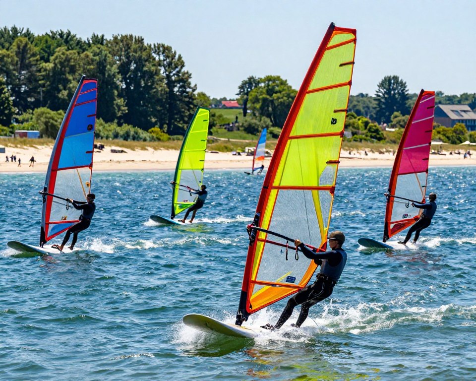 A vibrant and dynamic scene depicting the best windsurfing spots along the Gdańsk Bay, showcasing colorful windsurfers gliding over the clear, blue waters. In the foreground, a skilled windsurfer maneuvers gracefully on a bright sailboard, capturing the thrill of the sport. In the middle ground, several windsurfers are visible engaging in the activity, surrounded by gentle waves sparkling in the sunlight. The background features a picturesque coastline dotted with lush greenery and sandy beaches under a clear, blue sky, evoking a sense of adventure and freedom. The scene is illuminated by warm, natural sunlight, enhancing the vivid colors of the sails and water. The composition should feel energetic and inspiring, encapsulating the excitement of windsurfing in a beautiful coastal environment. A vibrant and dynamic scene depicting the best windsurfing spots along the Gdańsk Bay, showcasing colorful windsurfers gliding over the clear, blue waters. In the foreground, a skilled windsurfer maneuvers gracefully on a bright sailboard, capturing the thrill of the sport. In the middle ground, several windsurfers are visible engaging in the activity, surrounded by gentle waves sparkling in the sunlight. The background features a picturesque coastline dotted with lush greenery and sandy beaches under a clear, blue sky, evoking a sense of adventure and freedom. The scene is illuminated by warm, natural sunlight, enhancing the vivid colors of the sails and water. The composition should feel energetic and inspiring, encapsulating the excitement of windsurfing in a beautiful coastal environment.
