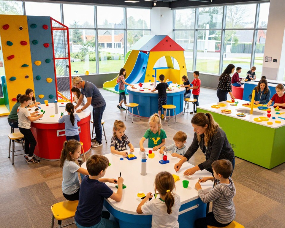 A vibrant and engaging family entertainment center filled with interactive exhibits and activities for all ages. In the foreground, children excitedly play with hands-on science experiments, while parents watch and join in the fun. The middle ground features colorful and imaginative play zones, including a climbing wall and an art station, surrounded by happy families. In the background, large windows allow natural light to flood in, creating a warm, inviting atmosphere. The lighting is bright and lively, highlighting the bright colors of the attractions. This scene captures a sense of joy, cooperation, and discovery, ideal for a rainy day adventure in Gdańsk. The angle is slightly elevated, providing a panoramic view of the bustling center. A vibrant and engaging family entertainment center filled with interactive exhibits and activities for all ages. In the foreground, children excitedly play with hands-on science experiments, while parents watch and join in the fun. The middle ground features colorful and imaginative play zones, including a climbing wall and an art station, surrounded by happy families. In the background, large windows allow natural light to flood in, creating a warm, inviting atmosphere. The lighting is bright and lively, highlighting the bright colors of the attractions. This scene captures a sense of joy, cooperation, and discovery, ideal for a rainy day adventure in Gdańsk. The angle is slightly elevated, providing a panoramic view of the bustling center.