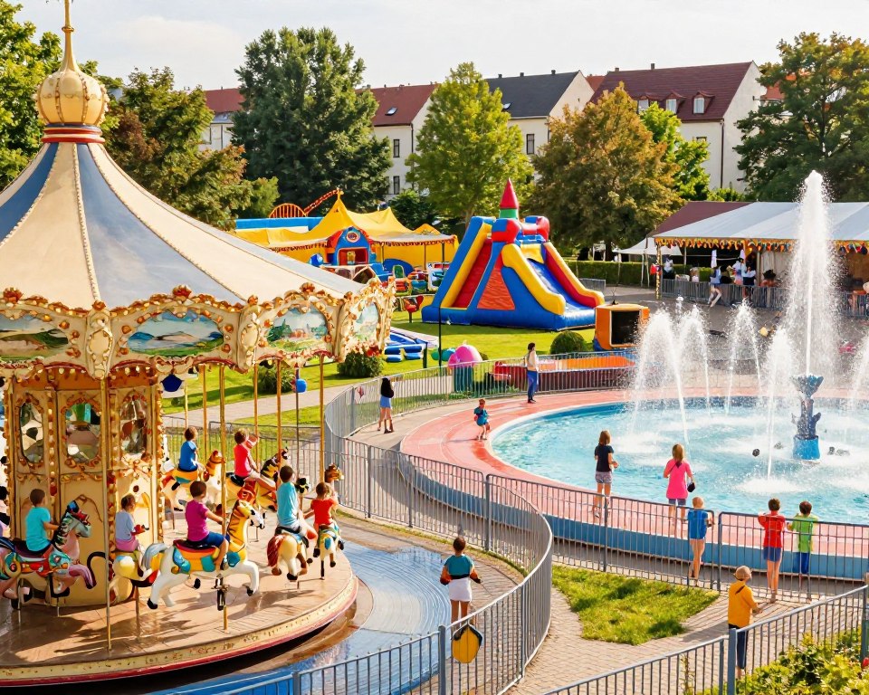 A vibrant and engaging scene depicting children's attractions in Trójmiasto, focusing on a sunny day in a lively amusement park. In the foreground, a group of children in colorful, modest clothing eagerly rides a carousel adorned with whimsical animals. The middle ground features various attractions like a bouncy castle, funhouses, and playful water fountains with splashing children. The background showcases lush greenery and charming city architecture reflecting Trójmiasto's unique landscape. Bright, warm sunlight bathes the scene, creating a cheerful atmosphere. A wide-angle perspective captures the excitement and joy of families enjoying the park together. The overall mood is festive and joyful, perfect for illustrating childhood adventures in a family-friendly environment.