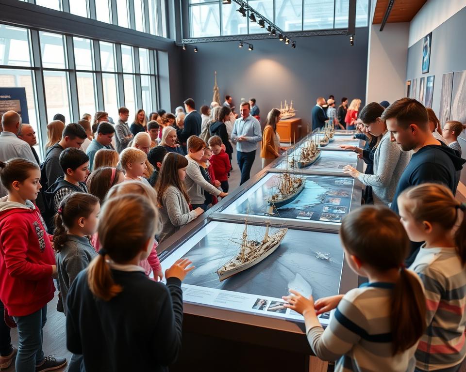 A vibrant and engaging scene inside the Museum of the Navy in Gdynia, showcasing various interactive educational exhibits about naval history. In the foreground, a diverse group of children and adults, dressed in casual yet respectful attire, actively engaged with touch screens and hands-on models of ships and naval equipment. In the middle, interactive displays featuring 3D models of historic vessels and informative panels, illustrating maritime themes. The background captures the atmosphere of a modern museum, with large windows letting in natural light, casting a warm glow. The overall mood is lively and informative, inviting curiosity and exploration. The angle is slightly elevated, providing a comprehensive view of the activities and exhibits, emphasizing the interactivity and educational aspects of the museum.