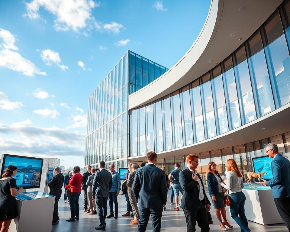 A vibrant and engaging scene of the Hewelianum Center in Gdańsk, showcasing its unique architectural design. In the foreground, a group of diverse individuals, dressed in professional business attire, are interacting with modern exhibits like interactive screens and scientific models. The middle ground features the distinctive building structure, characterized by large glass windows and contemporary design elements reflecting innovativeness. The background includes a clear blue sky with soft clouds, enhancing the sense of openness. Soft, natural lighting floods the space, creating a welcoming atmosphere. Capture the image from a slightly elevated angle to provide depth and context, emphasizing the hub of scientific exploration and learning that Hewelianum represents. The mood should be inspiring and vibrant, showcasing the excitement of discovery and education. A vibrant and engaging scene of the Hewelianum Center in Gdańsk, showcasing its unique architectural design. In the foreground, a group of diverse individuals, dressed in professional business attire, are interacting with modern exhibits like interactive screens and scientific models. The middle ground features the distinctive building structure, characterized by large glass windows and contemporary design elements reflecting innovativeness. The background includes a clear blue sky with soft clouds, enhancing the sense of openness. Soft, natural lighting floods the space, creating a welcoming atmosphere. Capture the image from a slightly elevated angle to provide depth and context, emphasizing the hub of scientific exploration and learning that Hewelianum represents. The mood should be inspiring and vibrant, showcasing the excitement of discovery and education.