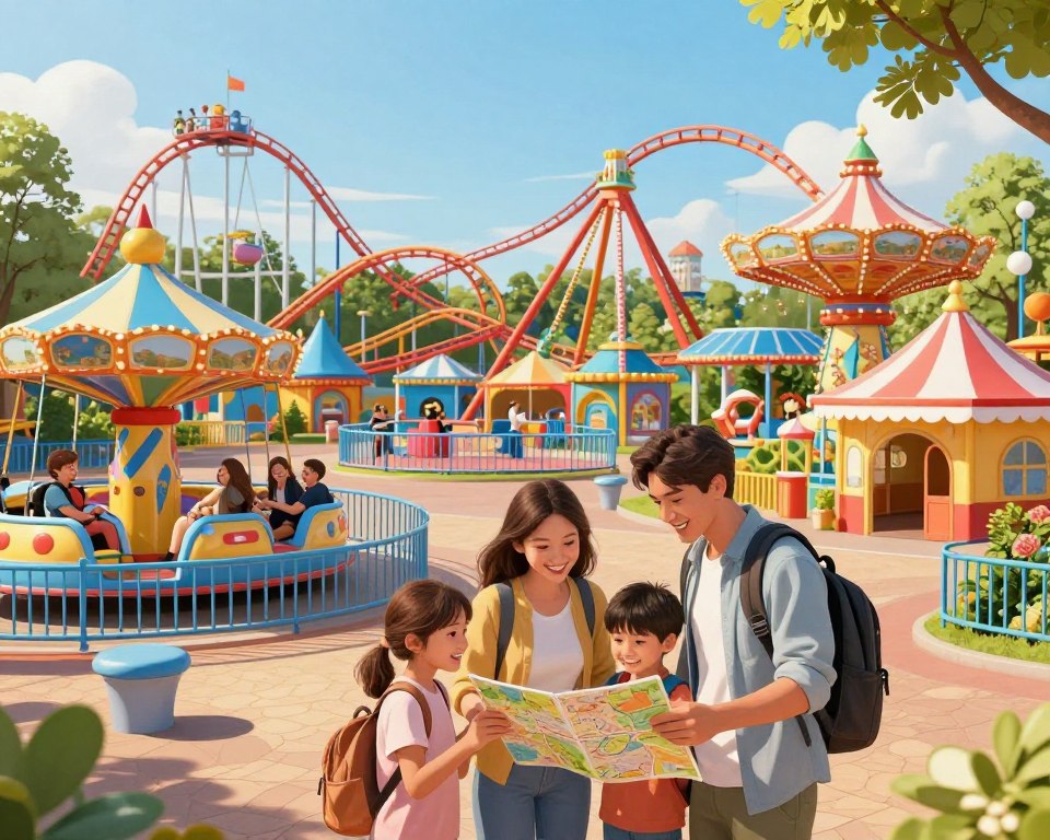 A vibrant and inviting illustration of a family-friendly amusement park in Trójmiasto, featuring colorful attractions such as roller coasters, merry-go-rounds, and funhouses. In the foreground, a smiling family of four - a mother, father, and two children - dressed in casual clothing, are examining a park map with excitement. The middle ground showcases various attractions with families enjoying rides, laughing, and having fun. The background features lush greenery and a clear blue sky, creating a cheerful atmosphere. Soft afternoon sunlight casts gentle shadows, enhancing the playful mood. Use a wide-angle lens to capture the expansive view of the park, ensuring focus on the family's interaction with their surroundings. The overall scene conveys a sense of adventure and joy, perfect for illustrating practical tips for park visitors.