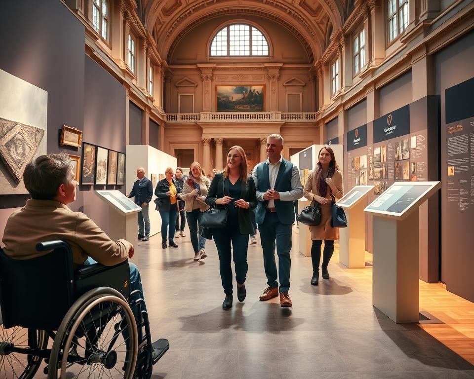 A vibrant and inviting scene depicting diverse visitors engaging with various exhibits at the Gdańsk Museum, showcasing accessibility features. In the foreground, a wheelchair user admires an art piece, accompanied by a smiling family exploring the museum together, all dressed in professional and casual attire. The middle ground highlights accessible pathways and informative exhibits, with staff members offering assistance. The background features the museum's impressive architecture, bathed in warm, natural lighting that creates an inviting atmosphere. Soft shadows add depth, and a wide-angle lens effect captures the full scope of the museum's interior. The mood is welcoming and inclusive, emphasizing support for all guests in a culturally rich environment.