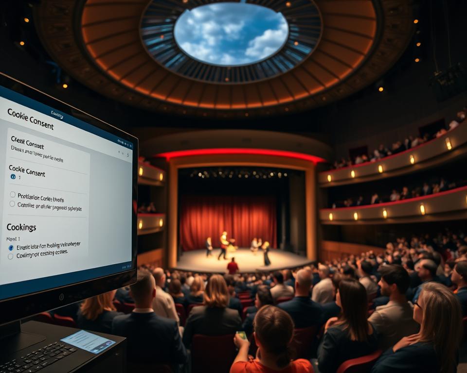 A vibrant and modern theater interior, showcasing advanced technology interwoven with artistic elements. In the foreground, a sleek computer monitor displays cookie consent settings, surrounded by elegant, digital interfaces. The middle ground features a captivated audience in professional attire, gazing towards the stage where actors perform a Shakespearean scene. The background highlights the grand architecture of the Shakespeare Theater in Gdańsk, with its impressive retractable roof partially open to reveal a twilight sky. Soft, warm lighting bathes the scene, enhancing the atmosphere of sophistication and innovation in the arts. The image captures a perfect blend of tradition and modern technology, focusing on the use of cookies in enhancing audience experience.