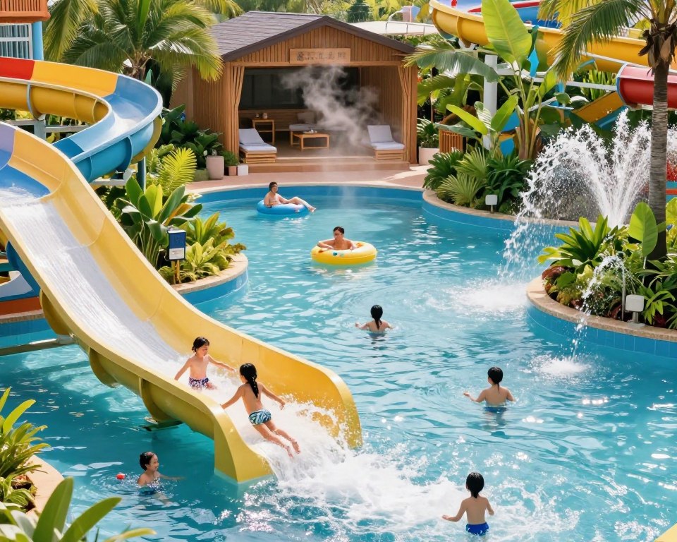 A vibrant aquapark scene showcasing a multitude of attractions for families and individuals. In the foreground, depict a thrilling water slide with colorful twists and turns, with children and adults in modest swimwear, joyfully splashing into the water below. In the middle ground, include a lazy river where people are floating on inner tubes, surrounded by lush tropical plants and playful water fountains. In the background, illustrate a sauna and wellness area with wooden accents, steam gently rising from the entrance, suggesting relaxation. Use bright, sunny lighting to create a cheerful atmosphere, with reflections dancing on the water's surface. Capture this lively outdoor setting from a slightly elevated angle to encompass the various zones and activities, enhancing the sense of excitement and leisure. A vibrant aquapark scene showcasing a multitude of attractions for families and individuals. In the foreground, depict a thrilling water slide with colorful twists and turns, with children and adults in modest swimwear, joyfully splashing into the water below. In the middle ground, include a lazy river where people are floating on inner tubes, surrounded by lush tropical plants and playful water fountains. In the background, illustrate a sauna and wellness area with wooden accents, steam gently rising from the entrance, suggesting relaxation. Use bright, sunny lighting to create a cheerful atmosphere, with reflections dancing on the water's surface. Capture this lively outdoor setting from a slightly elevated angle to encompass the various zones and activities, enhancing the sense of excitement and leisure.
