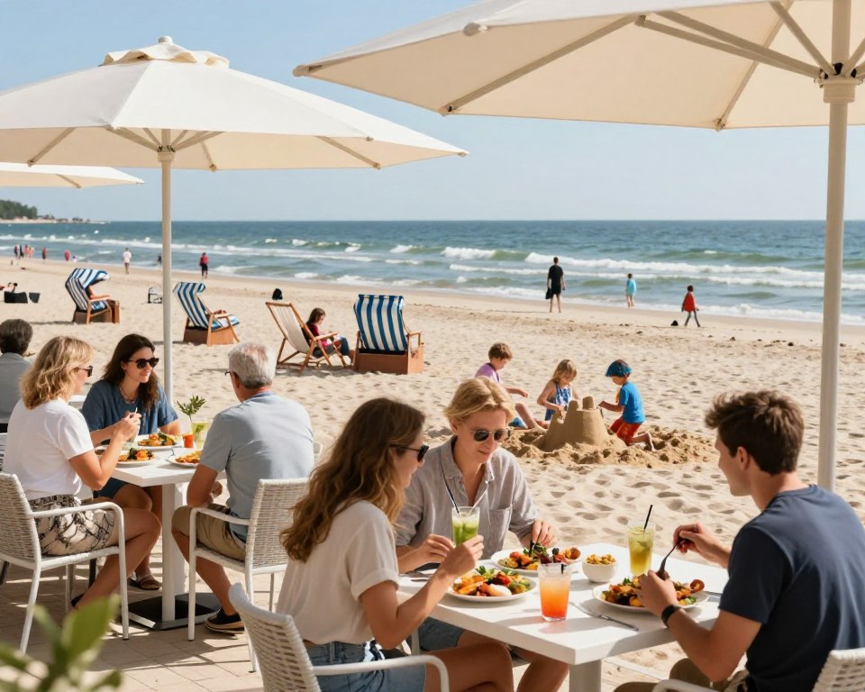 A vibrant beach scene at Jelitkowo in Gdańsk, showcasing gastronomy and relaxation. In the foreground, a stylish outdoor café with white tables and umbrellas, where diverse groups of people in modest casual clothing enjoy delicious seafood dishes and refreshing drinks. In the middle ground, families relax on comfortable beach chairs, while children build sandcastles nearby. The background features a stunning view of the sandy beach and the gentle waves of the Baltic Sea under a clear blue sky, with people strolling along the shoreline. The sunlight casts a warm, inviting glow, enhancing the cheerful atmosphere. Soft focus on the background to create depth and emphasize the lively scene in the foreground. Aim for a serene yet bustling vibe, capturing the essence of leisure and culinary delights by the sea. A vibrant beach scene at Jelitkowo in Gdańsk, showcasing gastronomy and relaxation. In the foreground, a stylish outdoor café with white tables and umbrellas, where diverse groups of people in modest casual clothing enjoy delicious seafood dishes and refreshing drinks. In the middle ground, families relax on comfortable beach chairs, while children build sandcastles nearby. The background features a stunning view of the sandy beach and the gentle waves of the Baltic Sea under a clear blue sky, with people strolling along the shoreline. The sunlight casts a warm, inviting glow, enhancing the cheerful atmosphere. Soft focus on the background to create depth and emphasize the lively scene in the foreground. Aim for a serene yet bustling vibe, capturing the essence of leisure and culinary delights by the sea.