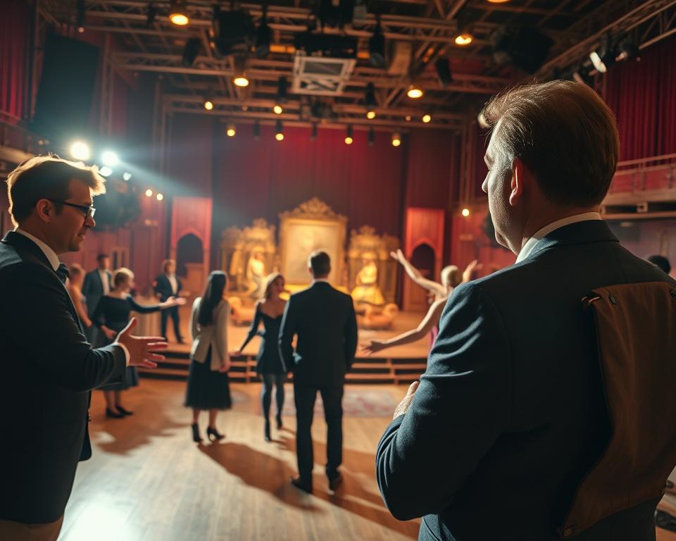 A vibrant behind-the-scenes view of the Baltic Opera in Gdańsk, showcasing the intricate processes of directing, set design, and choreography. In the foreground, a focused director discusses the performance with actors in elegant, professional attire. The middle ground features a visually stunning set design, with elaborate props and scenery reflecting a dramatic opera scene. In the background, dancers practice their choreography, showcasing grace and precision. The atmosphere is dynamic and creative, illuminated by warm stage lights casting soft glows and dynamic shadows. The scene captures the artistic energy and collaboration of the production process, with an intimate yet bustling ambiance. The angle is slightly elevated, providing a comprehensive view of the action while ensuring all elements are harmoniously balanced.