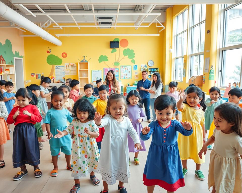 A vibrant children's motion laboratory filled with various interactive activities in a spacious environment. In the foreground, a diverse group of children wearing colorful, modest play clothing are engaged in playful experiments, demonstrating movements and motions with joy and curiosity. In the middle ground, educators in professional attire guide the children, showcasing their enthusiasm for learning through hands-on experiences. The background reveals large windows allowing natural light to flood the space, illuminating bright murals and educational materials on the walls. The atmosphere is lively and inviting, accentuated by cheerful colors and playful designs that inspire creativity and exploration. Soft lighting enhances the warmth and energy of the scene, captured with a wide-angle lens to convey depth and dynamism. A vibrant children's motion laboratory filled with various interactive activities in a spacious environment. In the foreground, a diverse group of children wearing colorful, modest play clothing are engaged in playful experiments, demonstrating movements and motions with joy and curiosity. In the middle ground, educators in professional attire guide the children, showcasing their enthusiasm for learning through hands-on experiences. The background reveals large windows allowing natural light to flood the space, illuminating bright murals and educational materials on the walls. The atmosphere is lively and inviting, accentuated by cheerful colors and playful designs that inspire creativity and exploration. Soft lighting enhances the warmth and energy of the scene, captured with a wide-angle lens to convey depth and dynamism.
