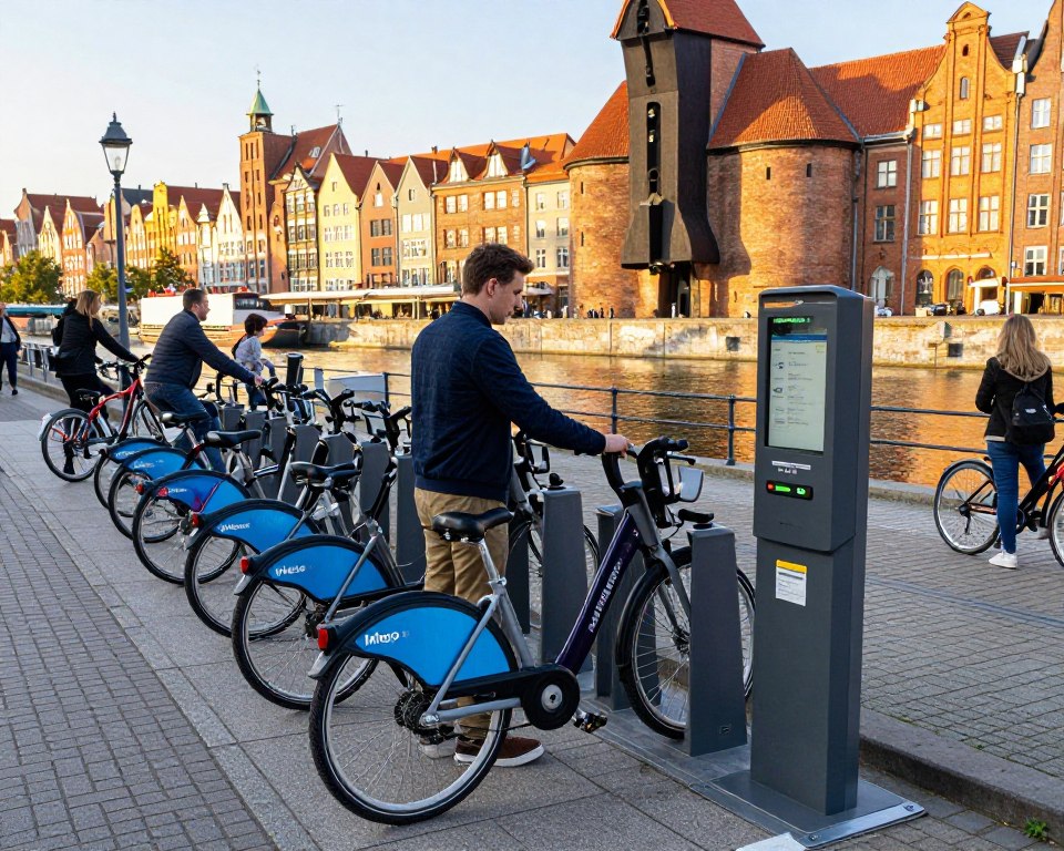 A vibrant city scene in Gdańsk, showcasing a modern Mevo bicycle rental station with several bicycles neatly lined up. In the foreground, a professional-looking person in smart casual attire is seen interacting with a digital bike rental kiosk, selecting a bicycle. The middle ground features more people, some riding bicycles along a picturesque waterfront, while others stroll casually, capturing the lively atmosphere of the city. The background reveals the iconic architecture of Gdańsk with historic buildings bathed in warm sunset light, casting soft shadows. The image should convey a sense of activity and accessibility, emphasizing the ease of bike rental in this charming location. Use a wide-angle lens for a dynamic perspective, with a slightly enhanced saturation to reflect an inviting, sunny day.