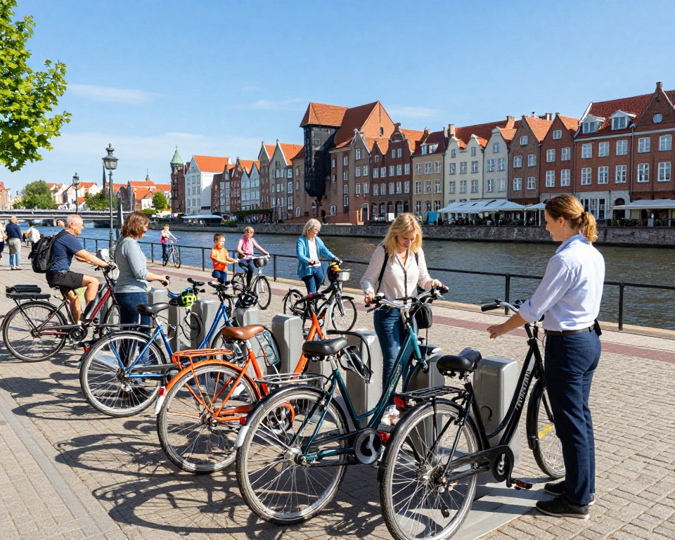 A vibrant cityscape of Gdańsk featuring a sunny day with clear blue skies. In the foreground, a bicycle rental station showcases various colorful bicycles with helmets attached nearby. A friendly attendant in a professional outfit assists a diverse group of customers, who are dressed in casual yet neat clothing, examining rental options. In the middle ground, a family is trying out bikes, while a couple enjoys a scenic view of the river with historical buildings in the background. Soft sunlight casts gentle shadows, creating a lively atmosphere filled with excitement. Capture the essence of leisure and adventure associated with bike rentals. Angle the scene from a slightly elevated perspective to encompass the entire rental experience.