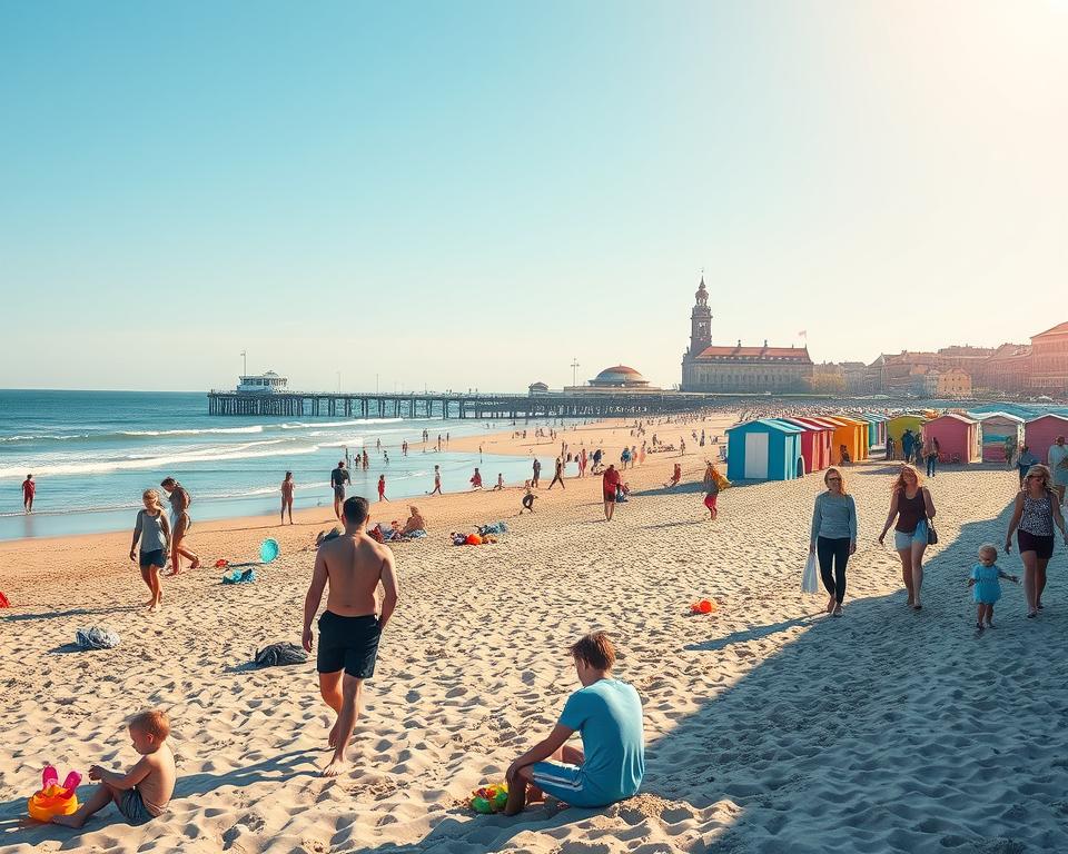 A vibrant coastal scene depicting attractions in Gdańsk, featuring a sandy beach with families enjoying the sun, children playing with beach toys, and a couple walking along the shoreline. In the middle ground, include iconic landmarks such as the Gdańsk Pier and colorful beach huts, bustling with visitors. The background should showcase the serene Baltic Sea, with gentle waves and a clear blue sky. Soft, warm sunlight bathes the scene, creating a cheerful atmosphere. The camera angle is slightly elevated, capturing the full perspective of this lively beach scene while ensuring a sense of depth. The image conveys a relaxed, inviting mood that highlights the vibrant activities and attractions in the area. A vibrant coastal scene depicting attractions in Gdańsk, featuring a sandy beach with families enjoying the sun, children playing with beach toys, and a couple walking along the shoreline. In the middle ground, include iconic landmarks such as the Gdańsk Pier and colorful beach huts, bustling with visitors. The background should showcase the serene Baltic Sea, with gentle waves and a clear blue sky. Soft, warm sunlight bathes the scene, creating a cheerful atmosphere. The camera angle is slightly elevated, capturing the full perspective of this lively beach scene while ensuring a sense of depth. The image conveys a relaxed, inviting mood that highlights the vibrant activities and attractions in the area.
