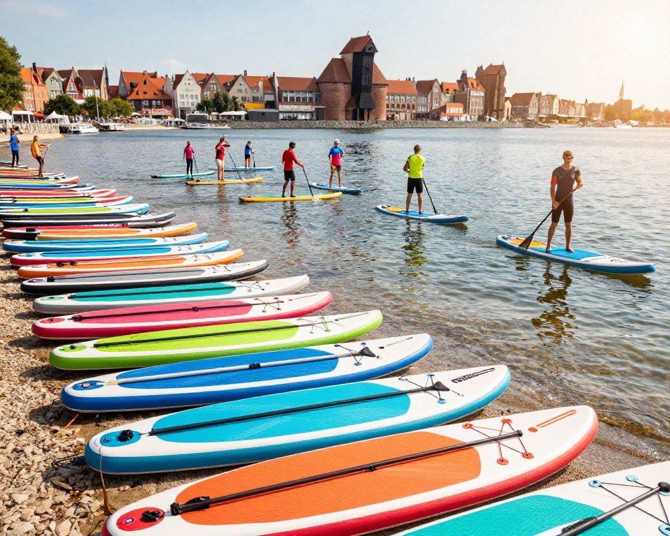 A vibrant coastal scene showcasing a variety of stand-up paddleboards (SUP) lined up along a picturesque beachfront in Gdańsk. In the foreground, several colorful SUP boards in different sizes and styles are neatly arranged, featuring vivid designs that attract attention. In the middle ground, a diverse group of people of various ages, dressed in comfortable athletic attire, are engaged in paddling activities on the crystal-clear water, demonstrating various techniques and enjoying the sunny atmosphere. The background reveals the iconic Gdańsk skyline with historical buildings and a gentle breeze creating ripples on the water surface. The lighting is warm and inviting, reminiscent of a bright summer day, evoking a sense of adventure and relaxation in this vibrant watersport community. A vibrant coastal scene showcasing a variety of stand-up paddleboards (SUP) lined up along a picturesque beachfront in Gdańsk. In the foreground, several colorful SUP boards in different sizes and styles are neatly arranged, featuring vivid designs that attract attention. In the middle ground, a diverse group of people of various ages, dressed in comfortable athletic attire, are engaged in paddling activities on the crystal-clear water, demonstrating various techniques and enjoying the sunny atmosphere. The background reveals the iconic Gdańsk skyline with historical buildings and a gentle breeze creating ripples on the water surface. The lighting is warm and inviting, reminiscent of a bright summer day, evoking a sense of adventure and relaxation in this vibrant watersport community.