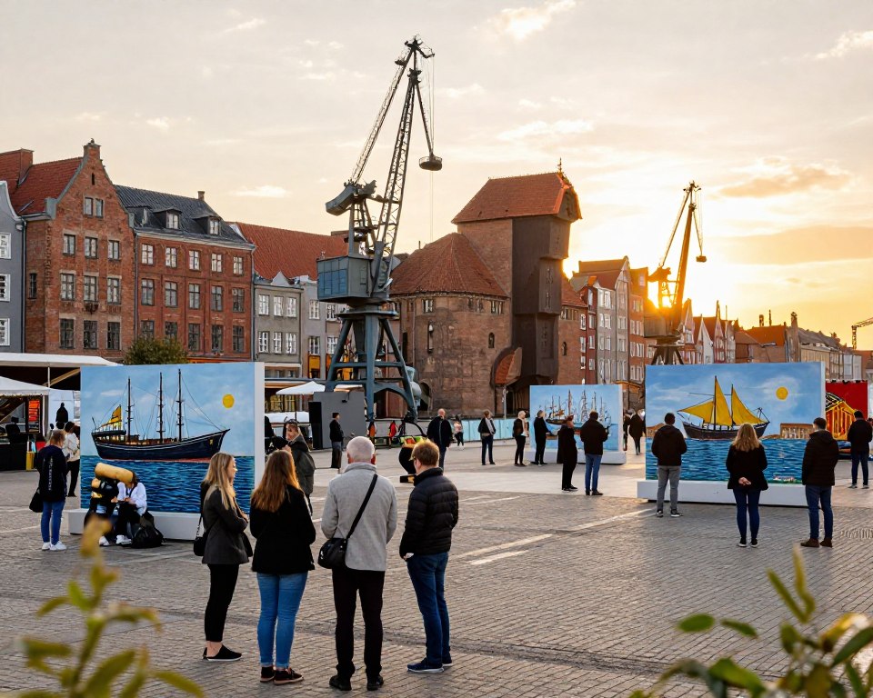 A vibrant cultural scene at the Gdańsk Shipyard, showcasing renovated warehouses and art installations. In the foreground, a group of visitors in smart casual clothing explores outdoor exhibitions, admiring sculptures and murals that celebrate maritime history. The middle ground features historic shipyard cranes, creatively integrated into the art space, with people engaging in various cultural activities like workshops and performances. The background reveals the iconic silhouette of traditional Gdańsk buildings enhanced by a warm sunset, casting a golden glow over the scene. Soft, natural lighting accentuates the lively atmosphere, while a slight lens blur creates depth, focusing on the cultural interactions. The mood is uplifting and inspiring, reflecting the rejuvenation of these historical grounds into a hub of creativity and cultural exchange. A vibrant cultural scene at the Gdańsk Shipyard, showcasing renovated warehouses and art installations. In the foreground, a group of visitors in smart casual clothing explores outdoor exhibitions, admiring sculptures and murals that celebrate maritime history. The middle ground features historic shipyard cranes, creatively integrated into the art space, with people engaging in various cultural activities like workshops and performances. The background reveals the iconic silhouette of traditional Gdańsk buildings enhanced by a warm sunset, casting a golden glow over the scene. Soft, natural lighting accentuates the lively atmosphere, while a slight lens blur creates depth, focusing on the cultural interactions. The mood is uplifting and inspiring, reflecting the rejuvenation of these historical grounds into a hub of creativity and cultural exchange.