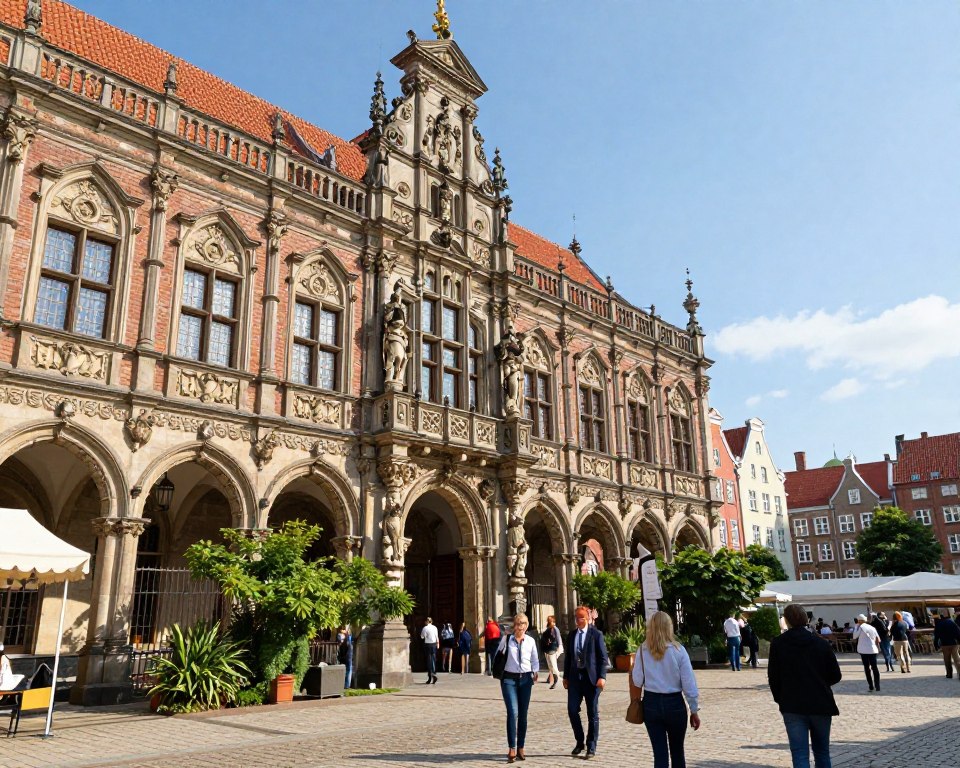 A vibrant depiction of the Great Armory of Gdańsk, showcasing its intricate Mannerist architecture. In the foreground, historical tourists dressed in professional attire explore the building's ornate façade, admiring its detailed sculptures and arches. The middle ground features the entrance with visitors entering, framed by lush greenery, inviting atmosphere, and sunny weather. In the background, the iconic Gdańsk skyline is subtly visible under a clear blue sky. Soft, warm sunlight casts gentle shadows, enhancing the texture of the stonework and creating a welcoming mood. The angle should capture the building in a slightly elevated perspective, emphasizing its grandeur and cultural significance. Focus on creating an image that embodies the essence of tourism and cultural richness in Gdańsk.
