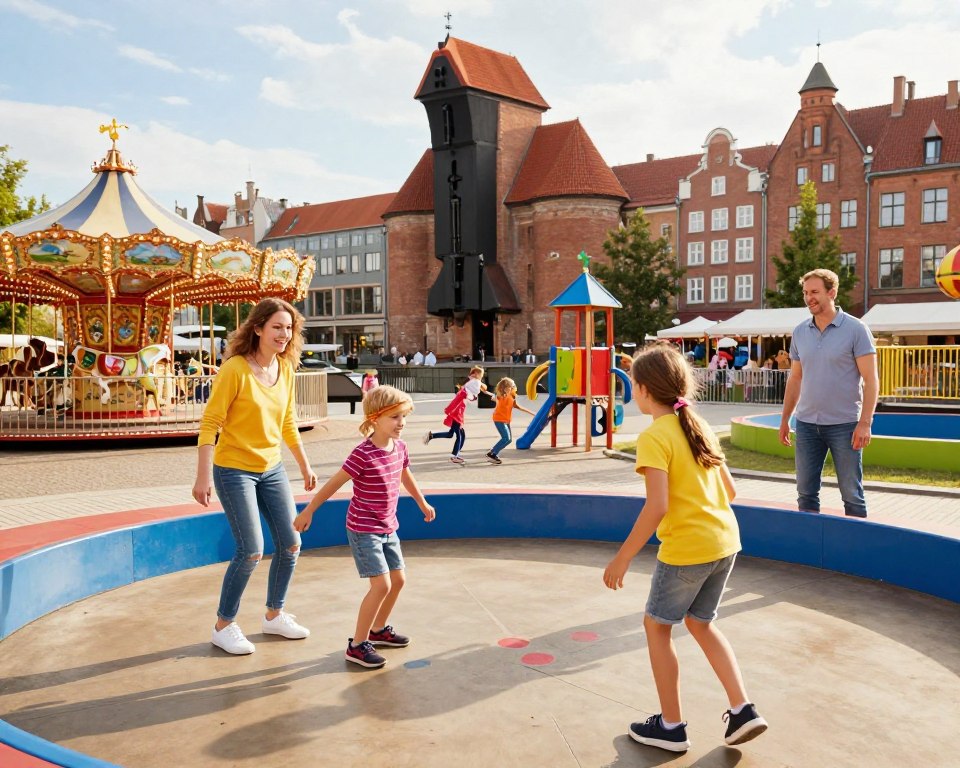 A vibrant family day in Gdańsk, showcasing children and parents engaged in fun activities. In the foreground, a smiling family of four, dressed in colorful, casual clothing, enjoys an interactive game in a modern amusement park setting. The middle layer features various attractions like a carousel and a playground filled with joyful children playing. In the background, the picturesque architecture of Gdańsk's historical buildings under a sunny sky adds charm to the scene. The lighting is warm and inviting, creating a cheerful atmosphere. The shot is taken from a low angle, emphasizing the excitement and energy of the children while capturing the beauty of the city around them.