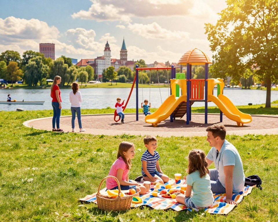 A vibrant family-friendly scene depicting popular parks and attractions in the Tri-City region of Poland. In the foreground, a joyous family of four, dressed in casual clothing, enjoys a picnic on a grassy area with colorful blankets and a food basket. In the middle ground, smiling children play on a modern playground equipped with bright swings and slides, while parents supervise. Scenic features like a serene lake with rowing boats and lush trees surround the area, adding to the natural beauty. In the background, recognizable landmarks of Gdańsk, Sopot, and Gdynia skyline can be seen under a warm, sunny sky with soft clouds. The mood is lively and cheerful, capturing a perfect day out in the park, highlighting attractions for families and children.